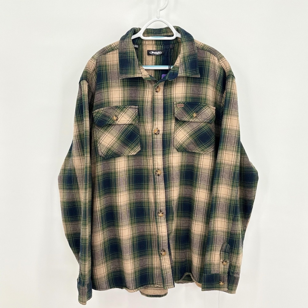 Buffalo David Bitton Mens XXL Green Plaid Cotton Flannel Shirt Jacket Shacket